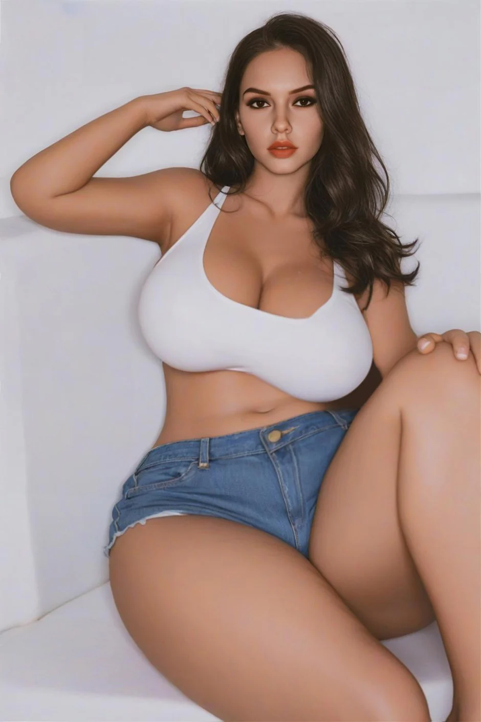 Curvy Irontech Doll companion in a white top and denim shorts, reclining against a soft studio backdrop